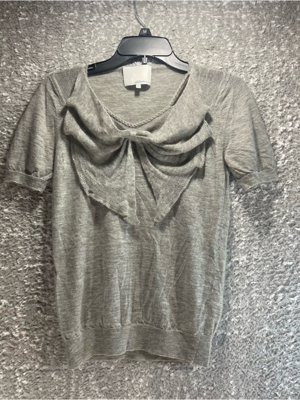 3.1‎ Phillip Lim Sweater Top Small Gray Cashmere Short Sleeve Preppy BOW READ